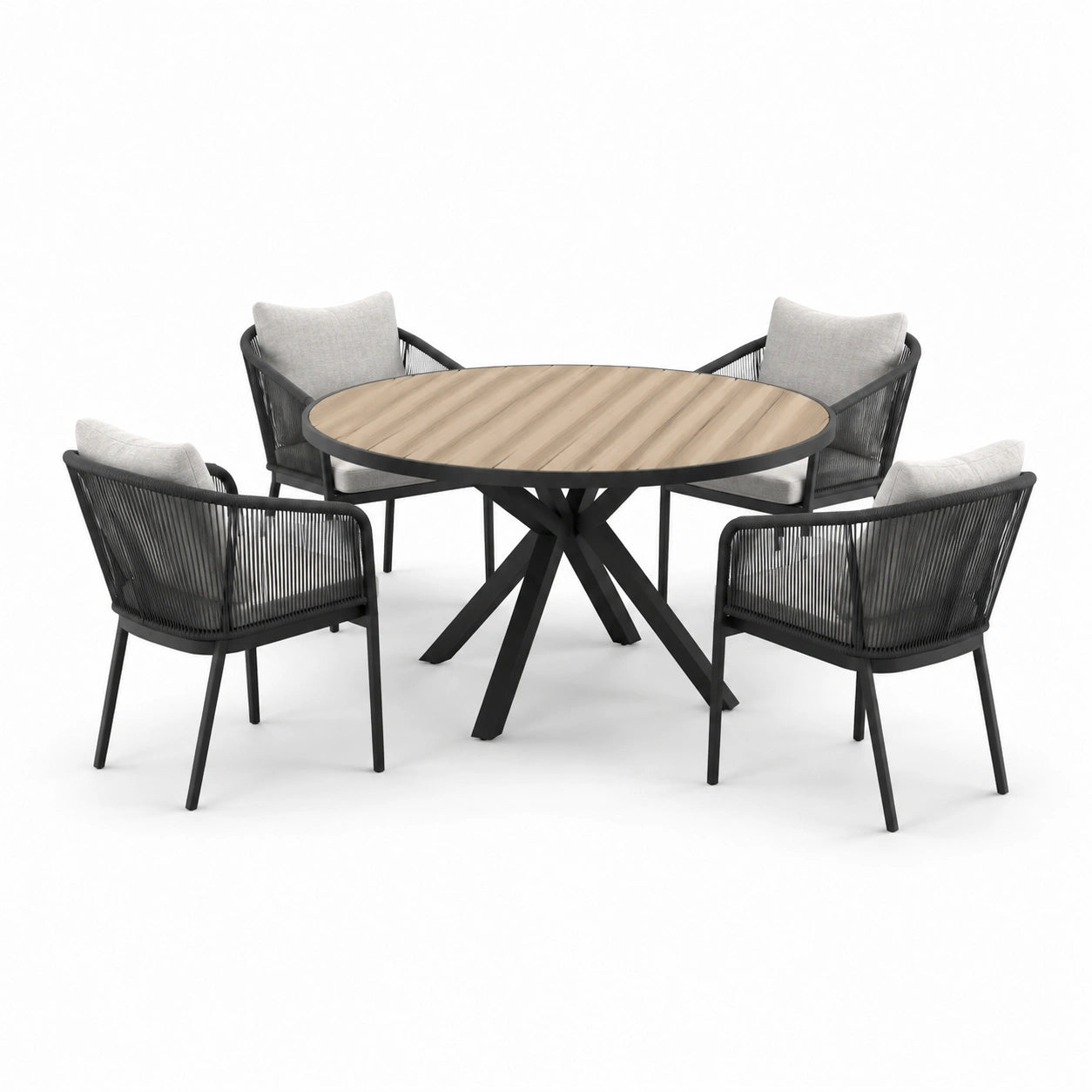 Set da pranzo rotondo in legno e metallo con 4 sedie