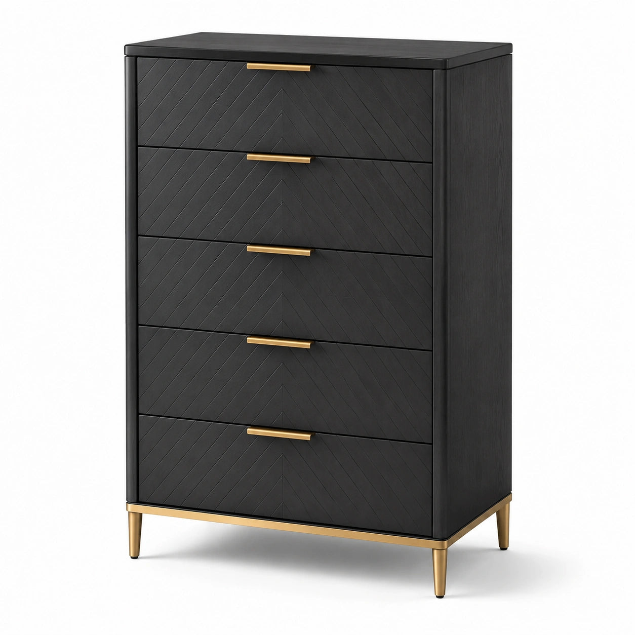 Cassettiera in legno nero con gambe in metallo dorato