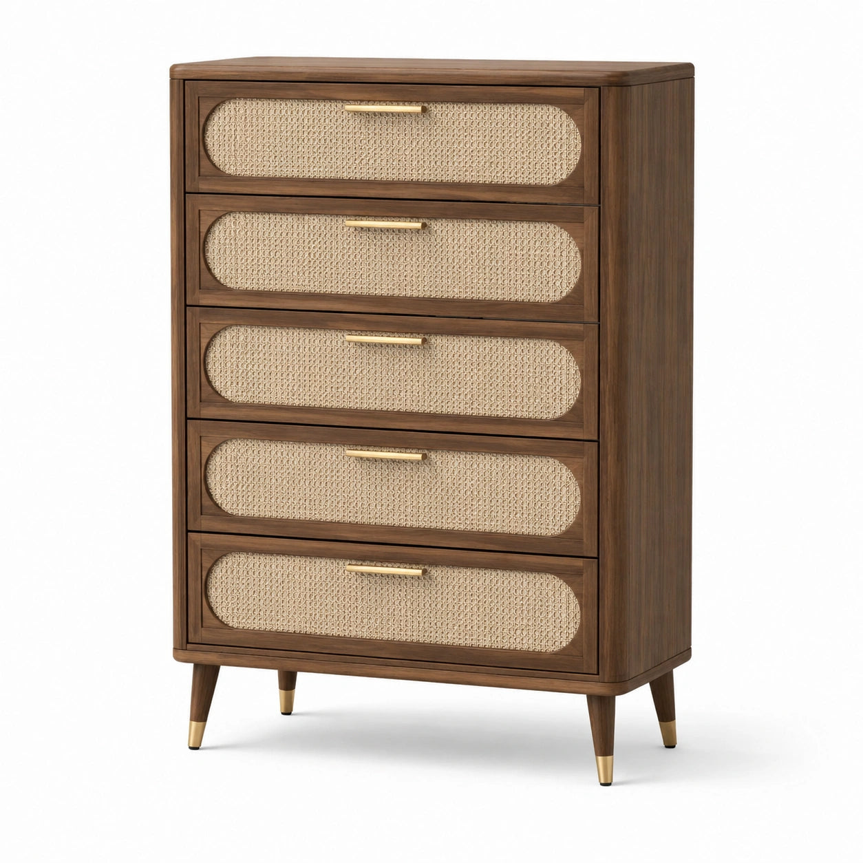 Cassettiera in Legno e Rattan a 5 Cassetti