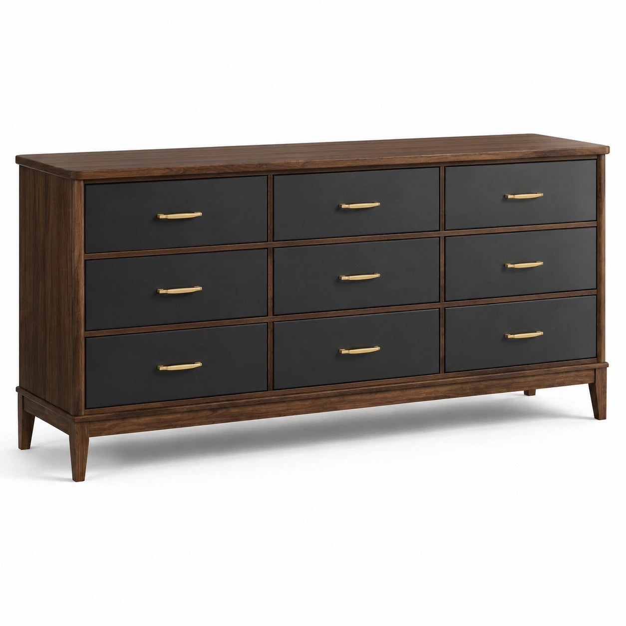 Cassettiera in legno e MDF con 9 cassetti neri e maniglie dorate