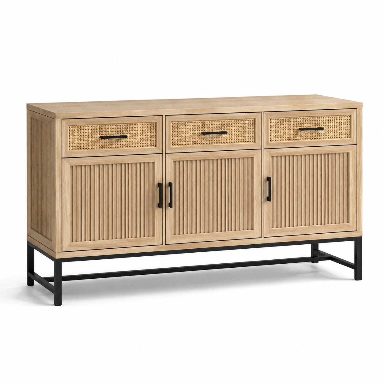 Credenza in legno con cassetti in rattan e base in metallo 150x40x85 cm
