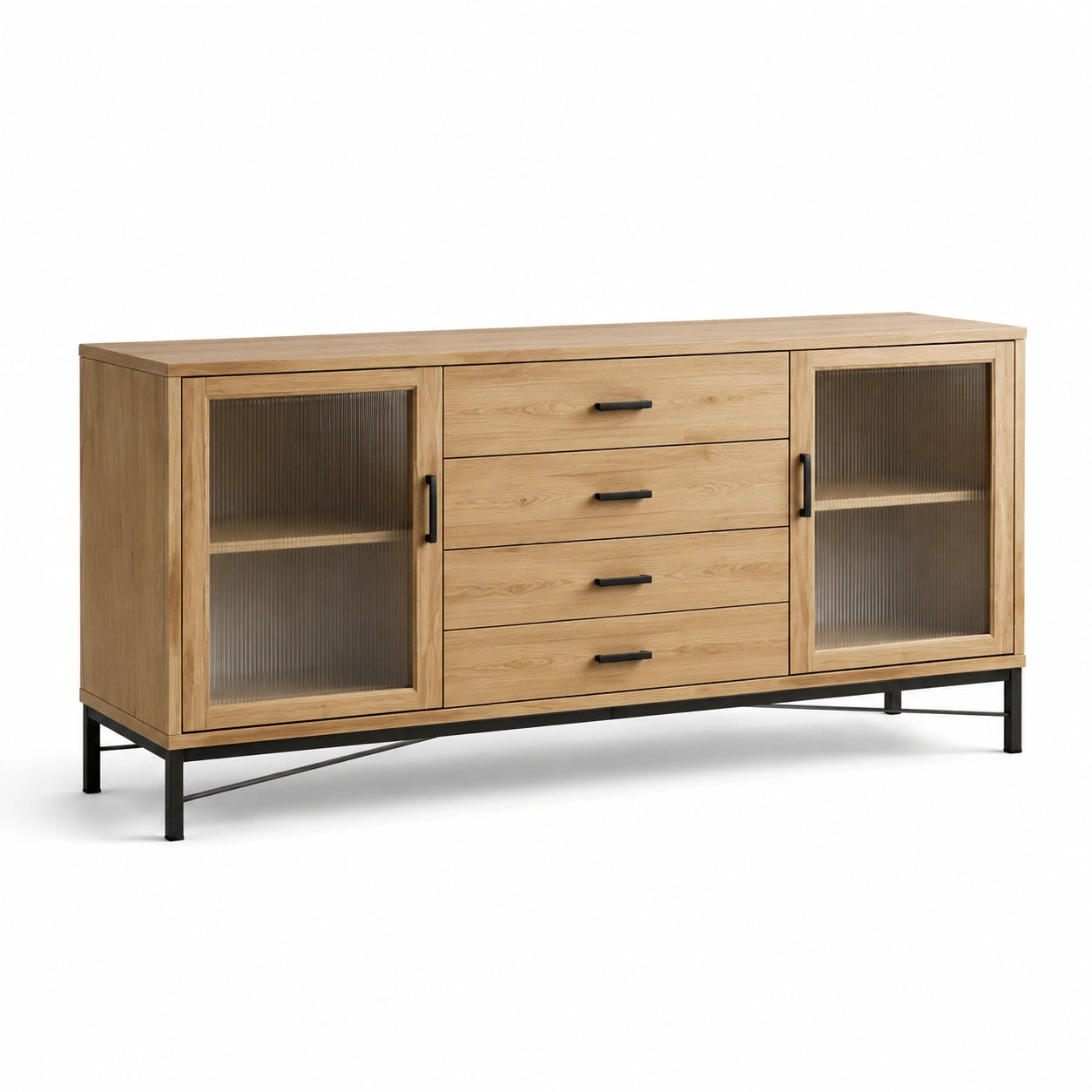Credenza in Legno di Quercia con Cassetti e Porte in Vetro