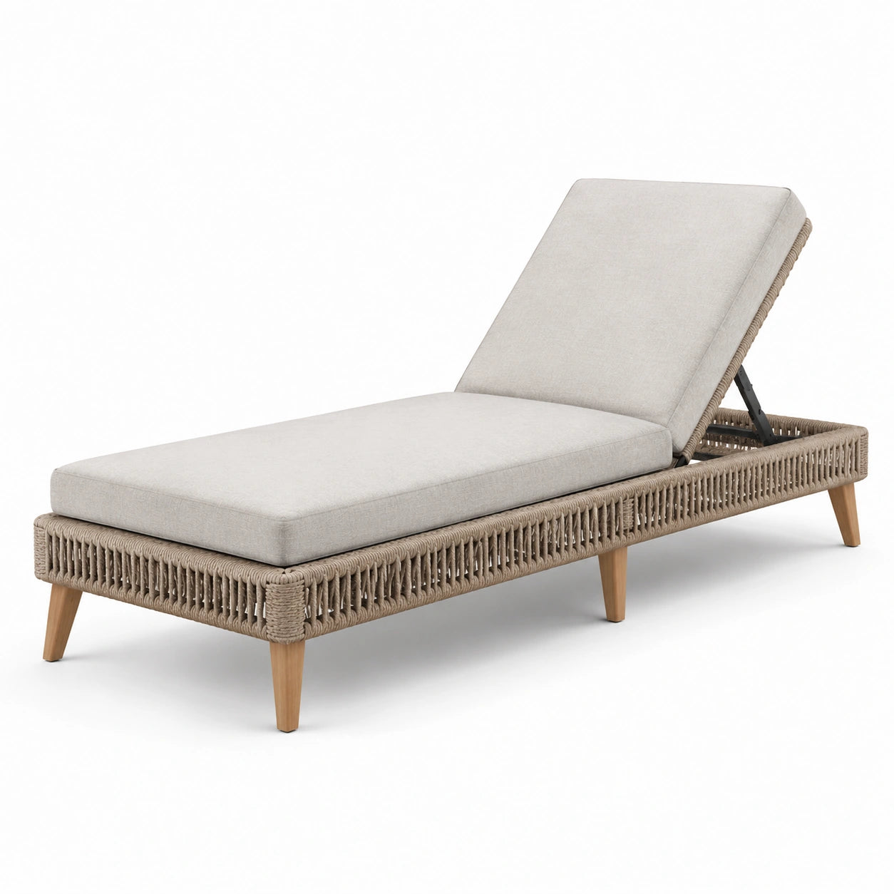 Lettino prendisole in legno con intreccio in corda e cuscini in tessuto beige regolabile