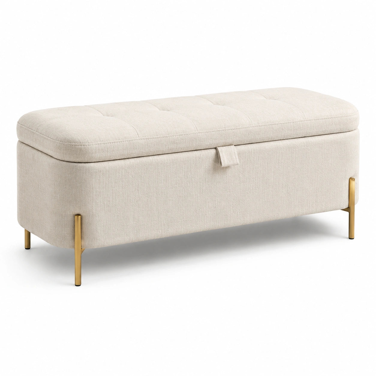Panca contenitore in tessuto beige e metallo dorato
