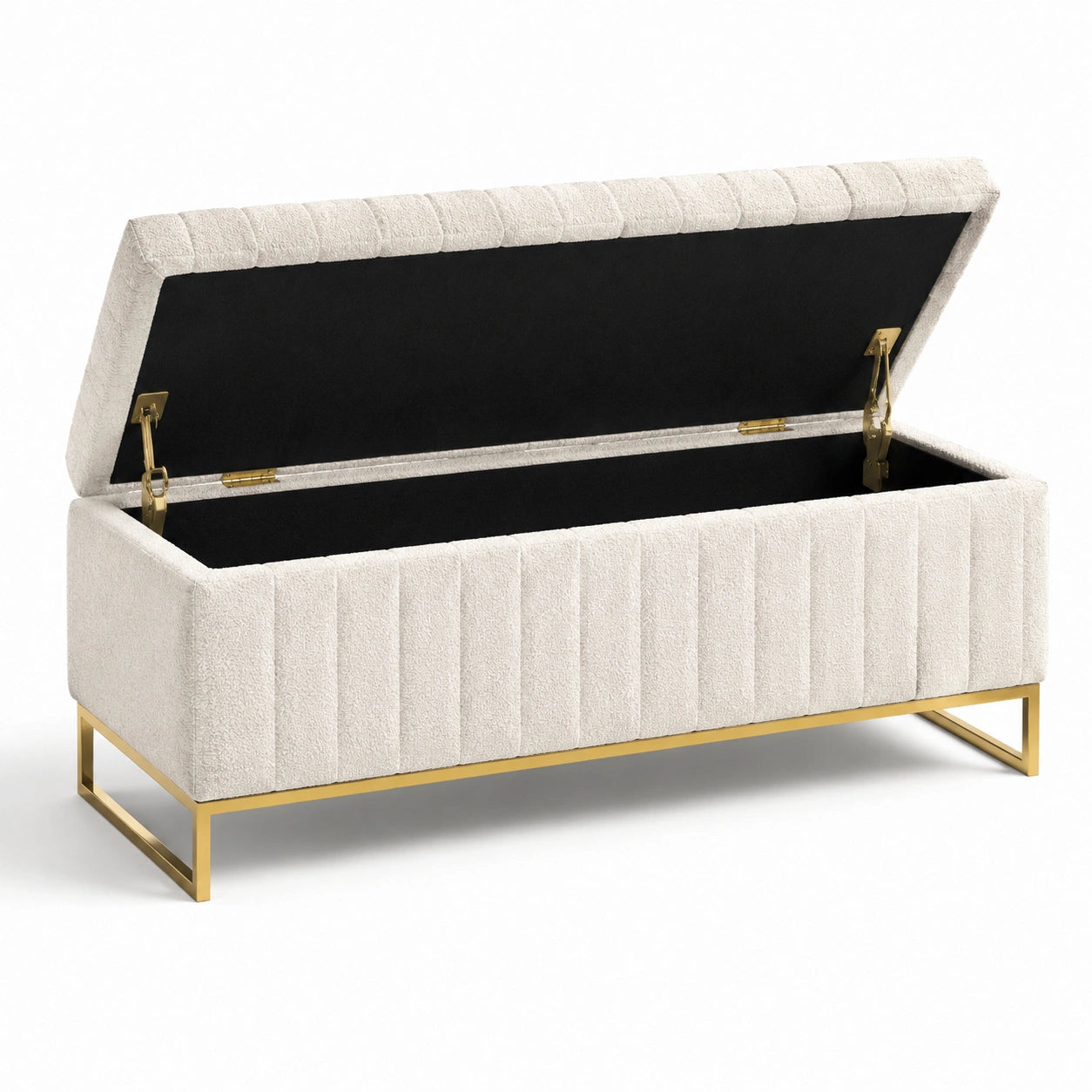 Panca contenitore in tessuto beige con struttura in metallo dorato