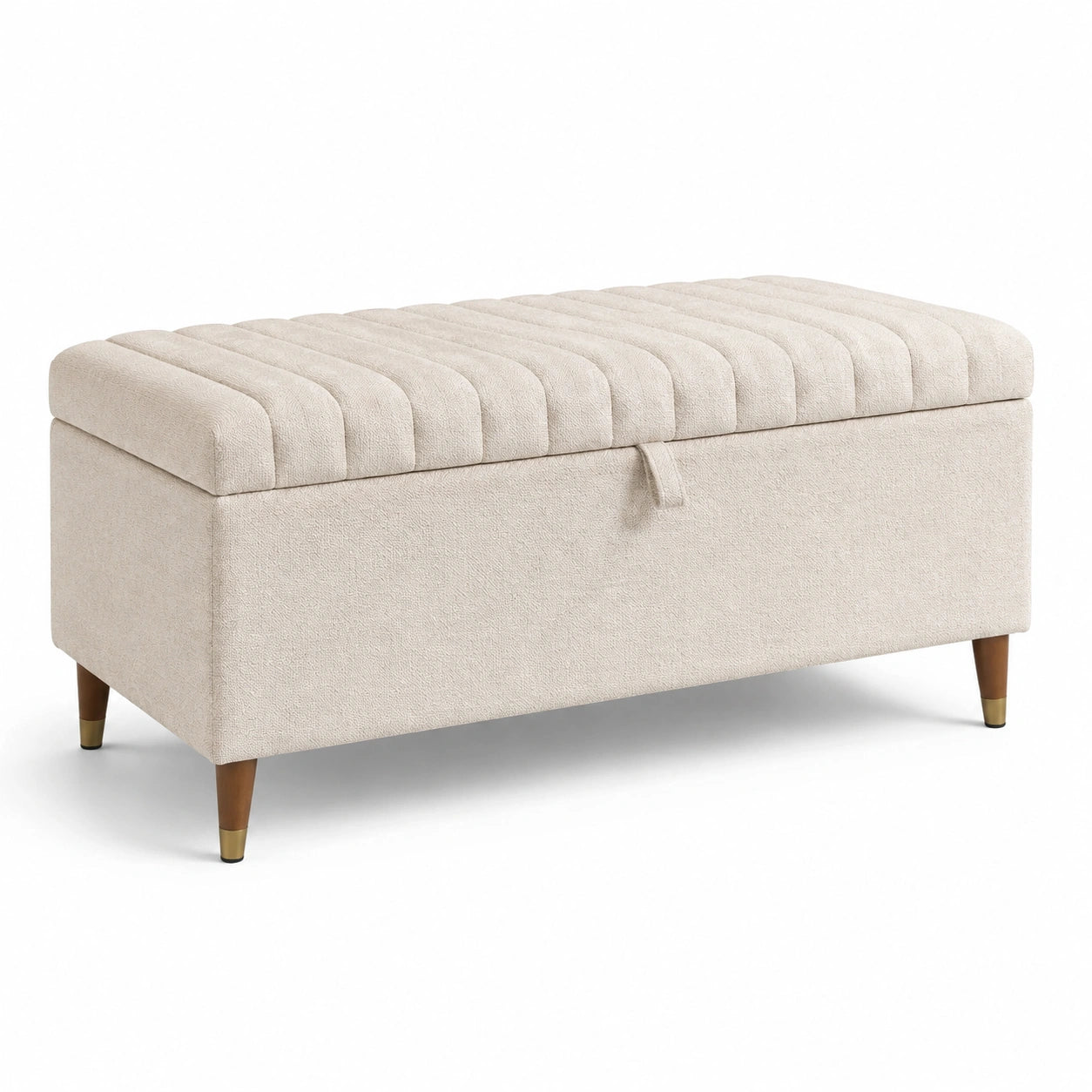 Panca contenitore in tessuto beige con gambe in legno