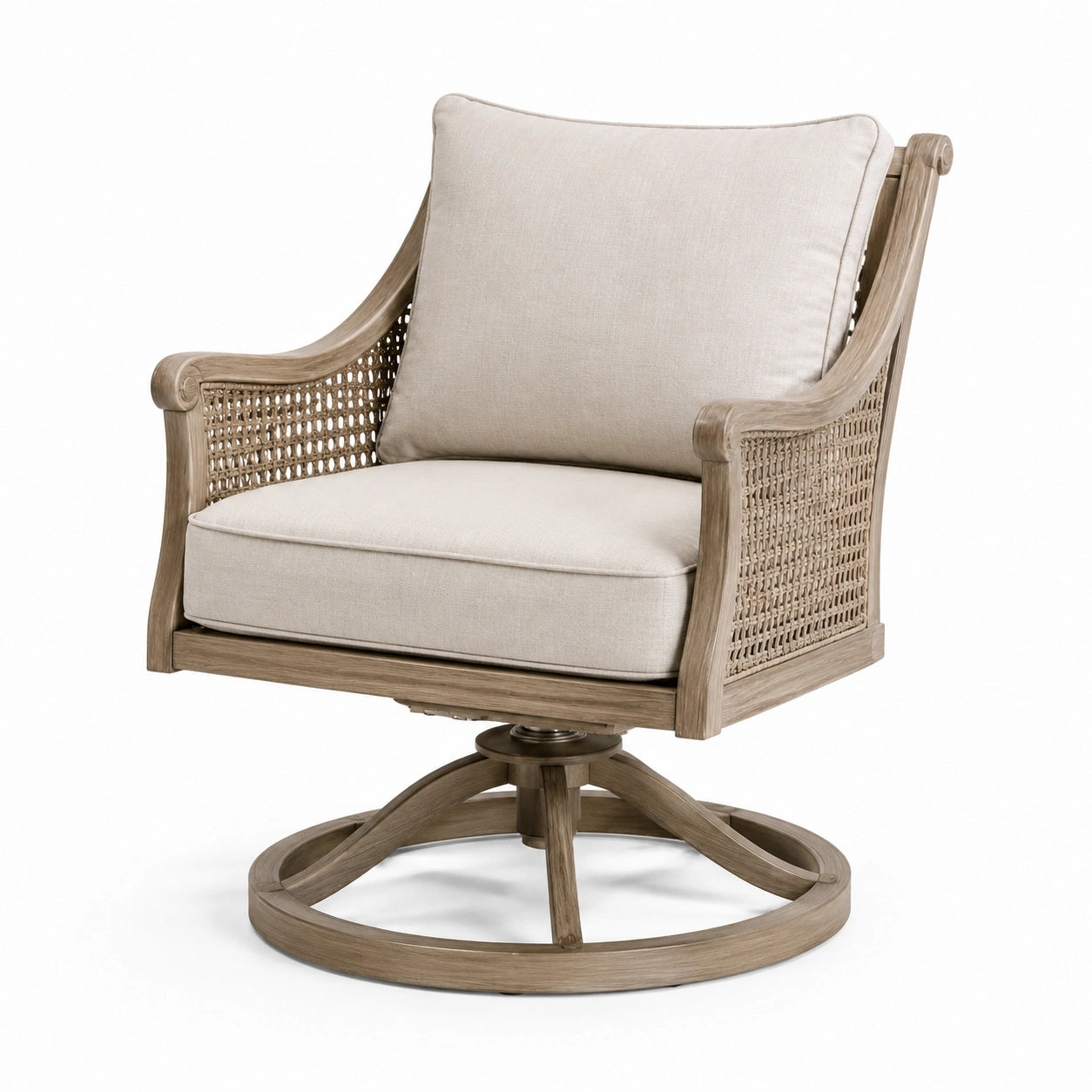 Poltrona girevole in legno e rattan con cuscini in lino beige
