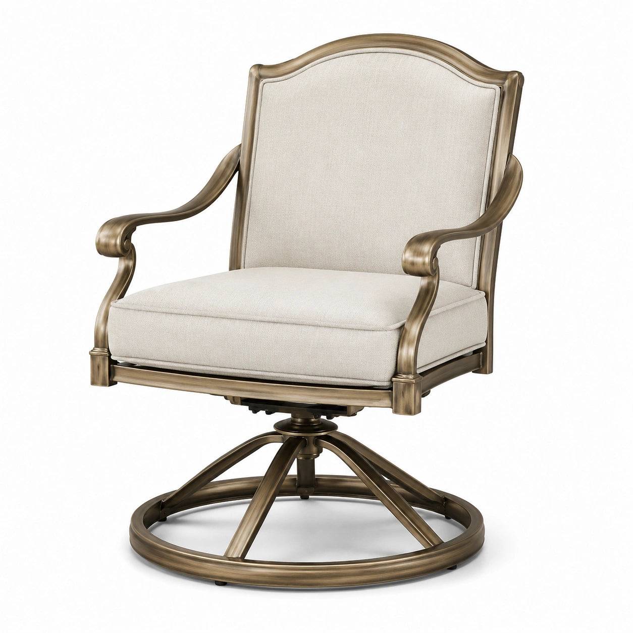 Poltrona girevole in metallo bronzato e tessuto poliestere beige